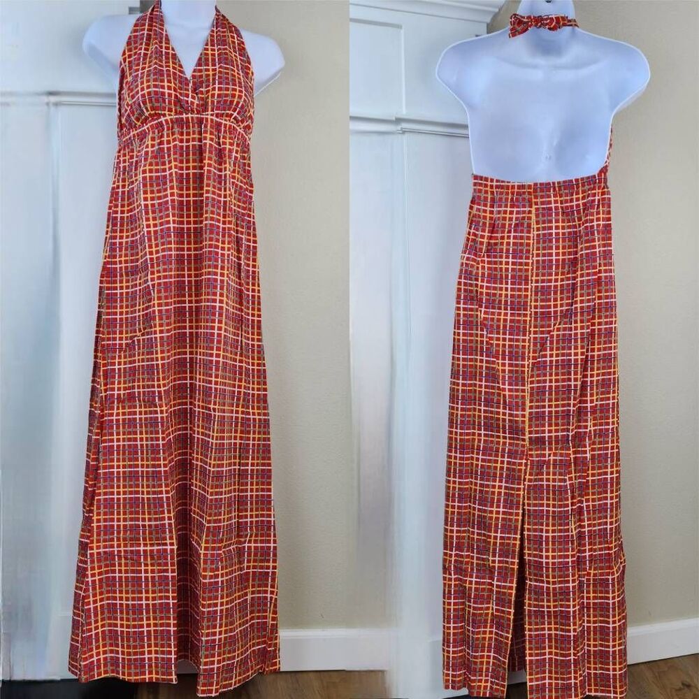 🔸️Vintage Red & Primary Colored Plaid Sleeveless Maxi Dress Small - Picture 2 of 12